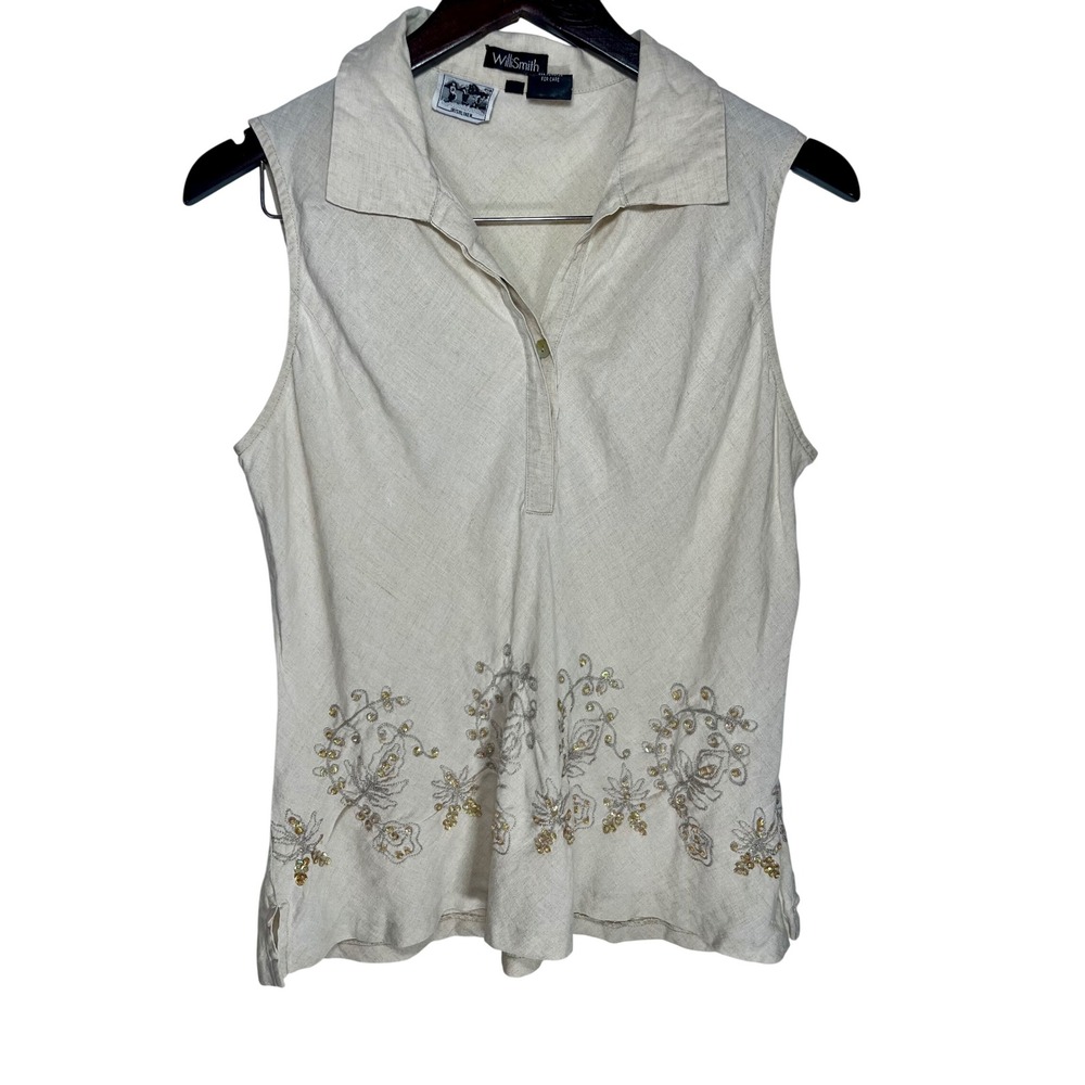 WilliSmith Linen Sleeveless Top Women L Beige Sequin‎ Embroidered Irish Linen